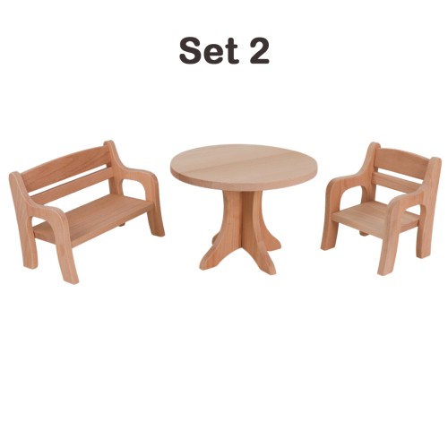 Preview: Puppentisch und Stühle aus Holz für große 30cm puppen - Waldorf Puppenmöbel Set aus Natur Buchenholz Preview: puppenmoeel im set 2 besteht aus stuhl bank und tisch