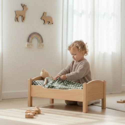 Preview: Puppenbett MIMI weiß-Natur groß aus Massivholz stapelbar im Waldorf Still | Optional mit Himmel/Dach Preview: Puppenwiege Puppenbett - Kleinkind legt Puppe abends zu Bett