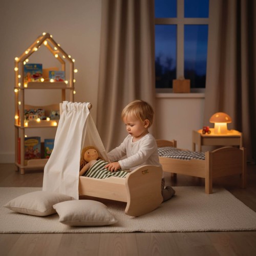 Puppenwiege Puppenbett - Kleinkind legt Puppe abends zu Bett