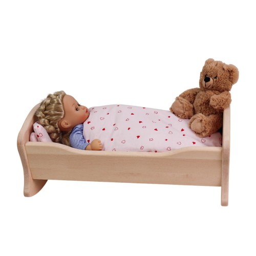 Preview: Puppenwiege PIA groß im Waldorf Design aus Natur Buchenholz mit Himmelstange Preview: Puppenwiege mit Puppe und Teddy