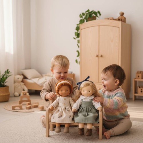 Preview: Puppenbank MADITA groß in weiß-natur aus Natur Buchenholz massiv Preview: Puppenbank für Kleinkinder zum Spielen