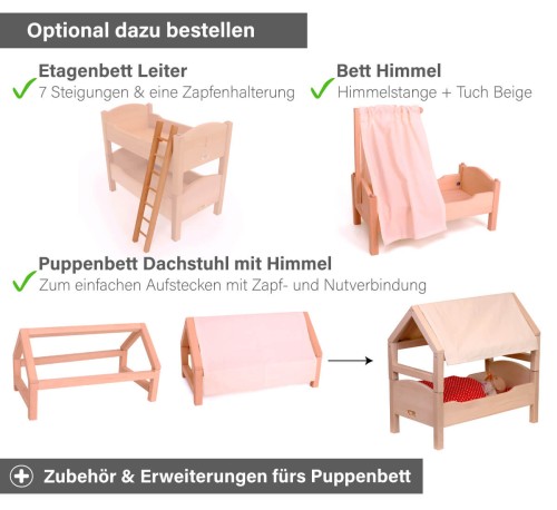 Puppenbett Zubehör - Etagenbett Leiter, Bett Himmel und/oder Puppenbett Dachstuhl mit Himmel