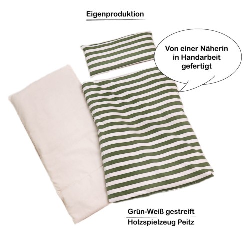 Puppenbettwäsche Eigenproduktion in Handarbeit von Holzspielzeug Peitz - Grün-weiß gestreifte Bettwäsche Puppenbettwäsche Eigenproduktion in Handarbeit von Holzspielzeug Peitz - Grün-weiß gestreifte Bettwäsche