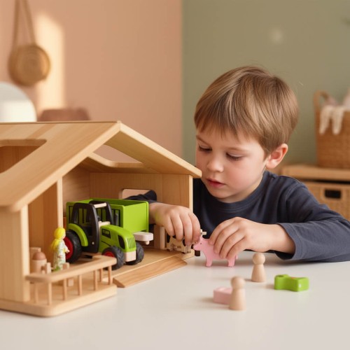 Preview: Puppenhaus ELSA klein mit bespielbare Fenster & Veranda aus Natur Buche Massivholz 1:12 Waldorf viktorianisch Preview: Puppenhaus Elsa weiß-natur aus massivem Buchenholz – Bauernhof-Szene im skandinavischen Kinderzimmer mit Holztraktor und Tieren, zeigt Detail und Handwerksqualität