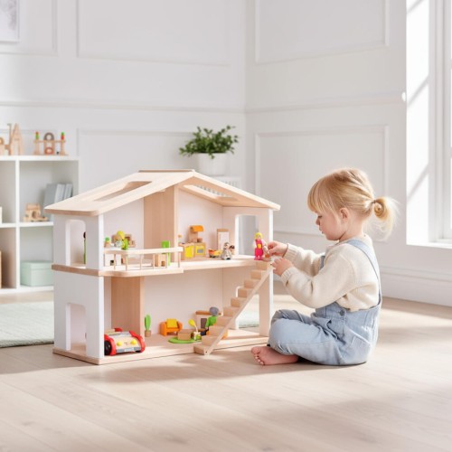 Kind spielt mit Puppenhaus Elsa weiß-Natur aus Buche im modernen Kinderzimmer – fördert Kreativität und freies Spiel.