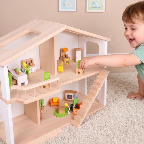Preview: Puppenhaus LOTTI mit 2-Etagen 1:12, Balkon & bespielbare Fenster aus Natur Buche Massivholz Waldorf viktorianisch Preview: Kind spielt begeistert an Puppenhaus ELSA in skandinavischem Kinderzimmer – weiß-natur Design fördert Kreativität