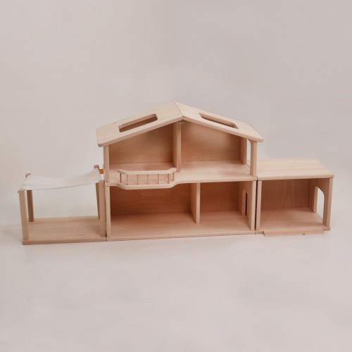 Großes Puppenhaus Set mit Garage und Wintergarten Terrasse aus Buchenholz
