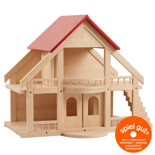 Großes Puppenhaus aus naturbelassenem Buchenholz mit rotem Dach, liebevoll mit Puppenmöbeln eingerichtet