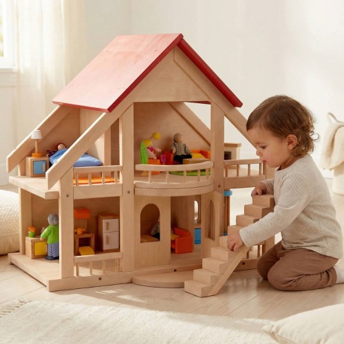 Kind spielt konzentriert mit großem Puppenhaus aus Holz im hellen Kinderzimmer