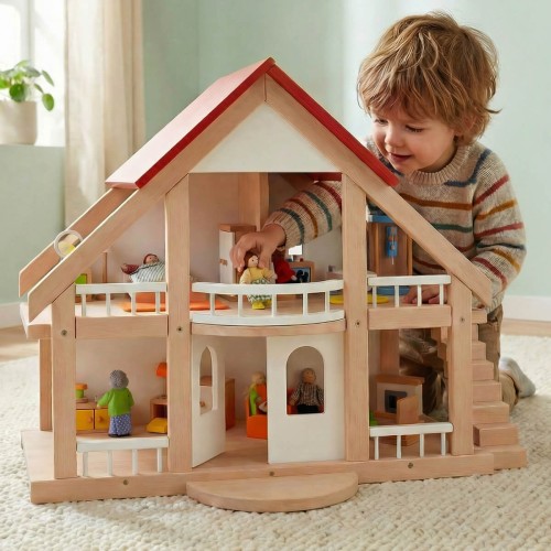 Puppenhaus aus Holz mit zwei Etagen im Einsatz, Kind spielt fantasievoll mit Puppenmöbeln