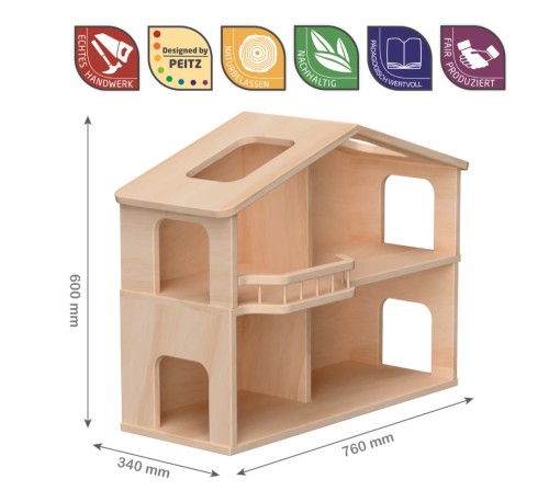 Preview: Puppenhaus LOTTI mit 2-Etagen 1:12, Balkon & bespielbare Fenster aus Natur Buche Massivholz Waldorf viktorianisch Preview: Puppenhaus 2 stöckig Abmessungen