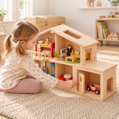 Kind öffnet die Holztür der Garage an einem Puppenhaus, in der ein rotes Spielzeugauto steht
