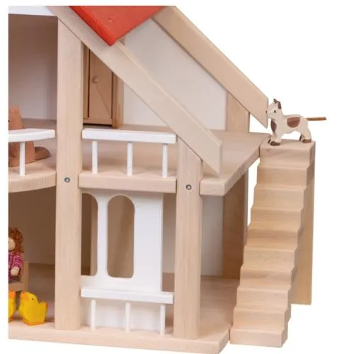 Puppenhaus in Natur und weiß mit rotem Dach mit Treppe und Püppchen, Detail