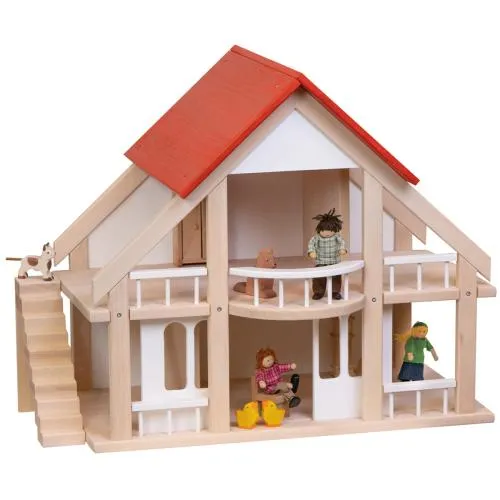 Puppenhaus in Natur und weiß mit rotem Dach mit Treppe und Püppchen