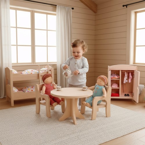 Preview: Puppenmöbel Set groß aus Holz mit Puppenbett, Schrank, Tisch & Stühle im Waldorf Stil Preview: Kleinkind spielt mit Puppen und serviert ihnen Tee
