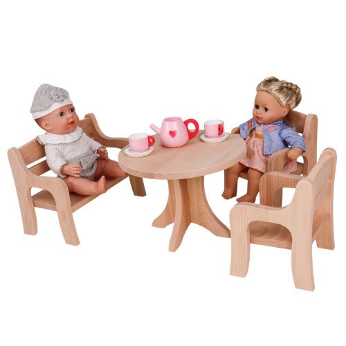 Set Puppenmöbel mit 2 Stühlen, einer Bank und einem Tisch Set Puppenmöbel mit 2 Stühlen, einer Bank und einem Tisch