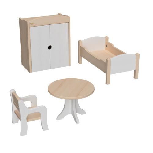 Puppenmöbel Set groß in weiß-natur aus Holz mit Bett, Kleiderschrank, Tisch & Stühle im Waldorf Stil