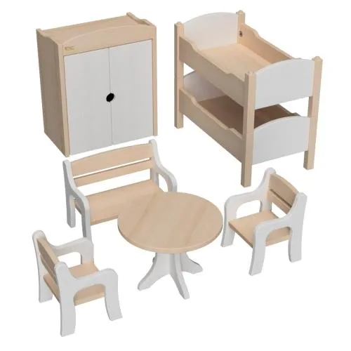 Puppenmöbel Set groß in weiß-natur aus Holz mit Bett, Kleiderschrank, Tisch & Stühle im Waldorf Stil