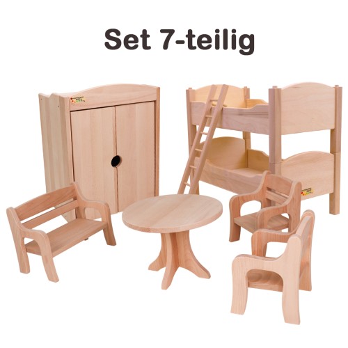 Puppenmöbel Set 7-teilig mit 2 Stühle, Tisch, Bank, Bett mit Dach & Tuch, Kleiderschrank Puppenmöbel Set 7-teilig mit 2 Stühle, Tisch, Bank, Bett mit Dach & Tuch, Kleiderschrank