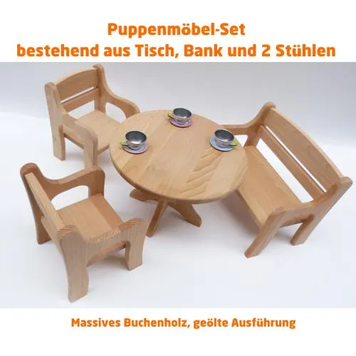Puppenmöbel Set mit 2 Stühle, 1 Tisch & 1 Bank für 30cm große Puppen - Waldorf Puppen-Spielzeug