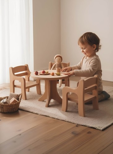 Preview: Puppenmöbel Set - Tisch-Stühle - in einem Waldorf Kinderzimmer