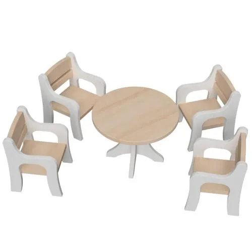 Set 3 mit 4 Stühle und Tisch - Waldorf Puppenmöbel Set in weiß-natur