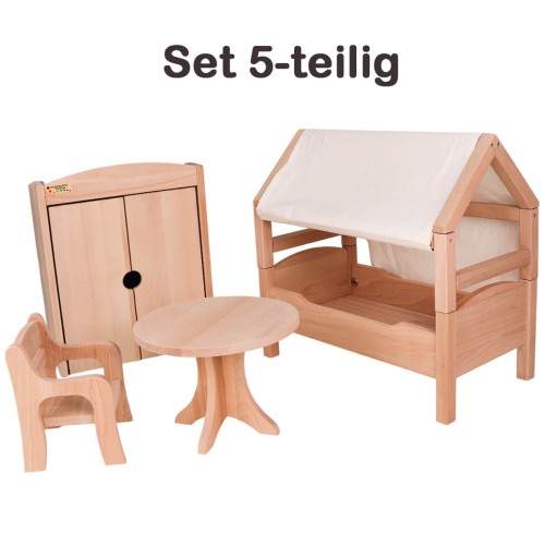 Preview: Puppenmöbel Set groß aus Holz mit Puppenbett, Schrank, Tisch & Stühle im Waldorf Stil Preview: Puppenmöbel Set 5-teilig mit Stuhl, Tisch, Bett mit Dach & Tuch, Kleiderschrank