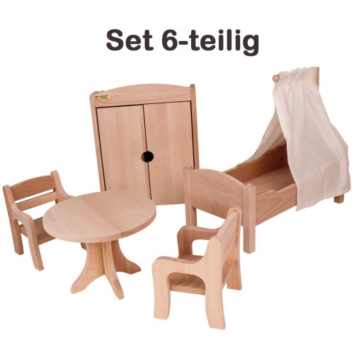 Puppenmöbel Set 6-teilig mit 2 Stühle, Tisch, Bett mit Himmel & Tuch, Kleiderschrank Puppenmöbel Set 6-teilig mit 2 Stühle, Tisch, Bett mit Himmel & Tuch, Kleiderschrank