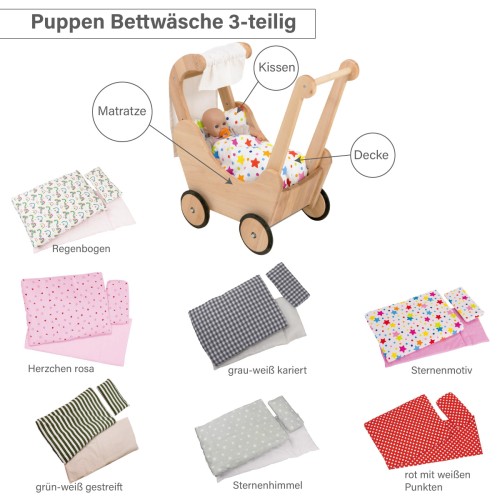 Lauflernwagen Puppenwagen optional mit 7 verschieden farbige Puppenbettwäsche Lauflernwagen Puppenwagen optional mit 7 verschieden farbige Puppenbettwäsche