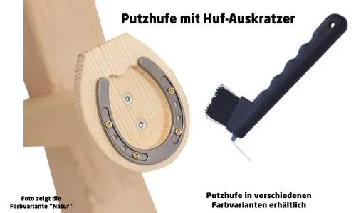 Putz-Hufe für Voltigier-Holzpferd mit Hufkratzer| bewegliches Bein | Putzhufe | 7026