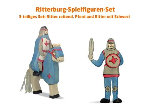 Ritter – Pferd – Ritter mit Schwert blau | Holztiger Ritterburg-Spielfiguren im Set