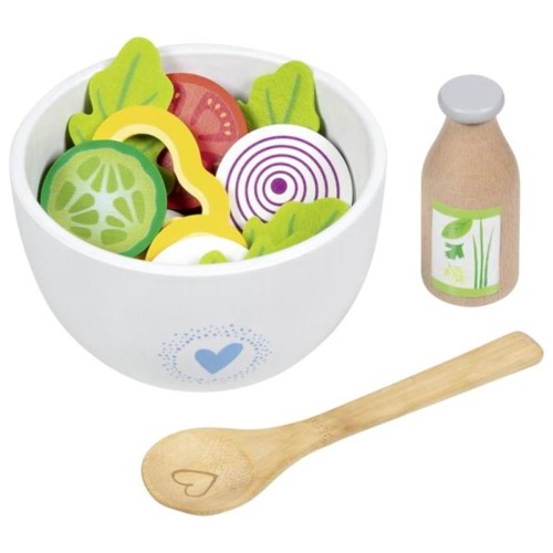 Salat-Set Vitalbowl aus Holz mit Schüssel, Löffel, Dressingflasche und Gemüse-Spielteilen – 24-teiliges Set für die Kinderküche