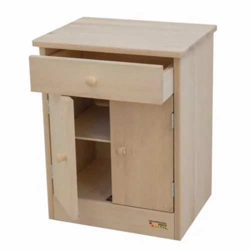 Kinder-Spiel-Schrank aus massivem Buchenholz bietet viel Platz für Spielküchen-Zubehör oder Puppenkleidung