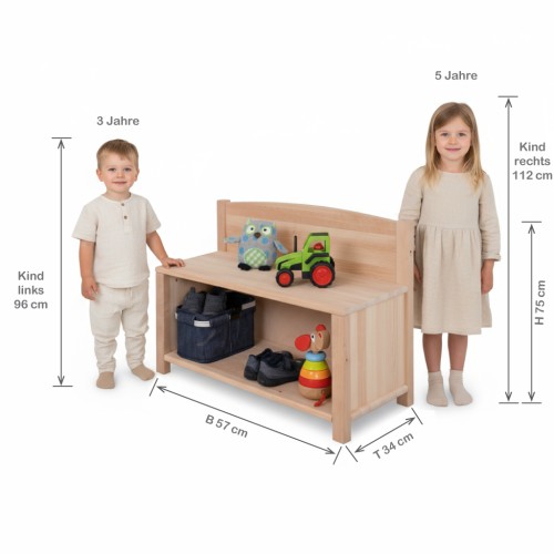 Kinder Sitzbank SIDNEY aus Erlenholz mit zwei Kindern daneben, Größenvergleich und dezente Maßangaben in cm auf weißem Studiohintergrund.