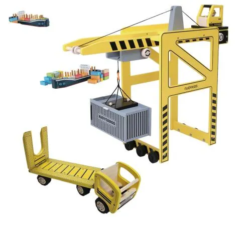 Baustellen Holzfahrzeug Set mit Portalkran, LKW Tieflader & 1 Container zum beladen - Pintoy 85715 + 88710