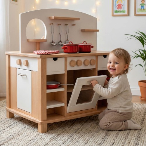 Kita-Kinderküche weiß Cinderella Holz mit vielen Funktionen – Spielküche aus Echtholz mit Backofen und Stauraum