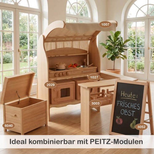 Holz Kinderküche Spielständer mit Kreidetafel und Holzkisten – modular erweiterbar