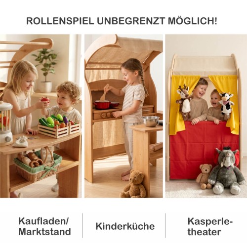 Holz Kinderküche Spielständer auch als Regal nutzbar – multifunktionales Spielmöbel
