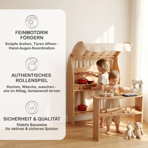 Holz Kinderküche Spielständer fördert Motorik, Kreativität und freies Rollenspiel