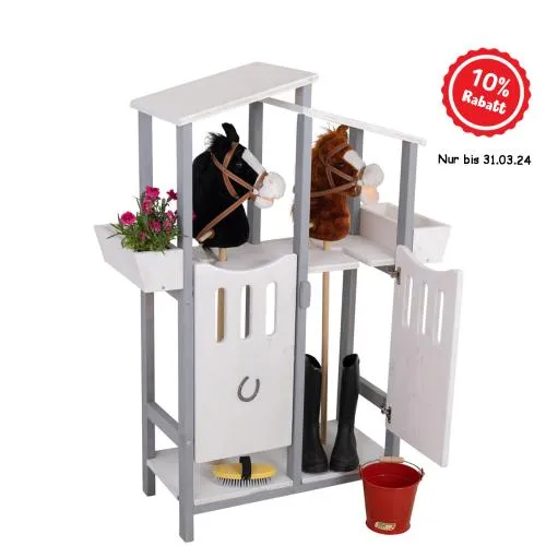 Hobby Horse Stall aus Holz mit Unterschrank 2-türig + Futterboxen für 2 Hobby Horses