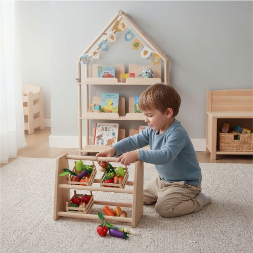 Preview: Spiellebensmittel Set aus Holz mit Stiege mit Obst und Gemüse