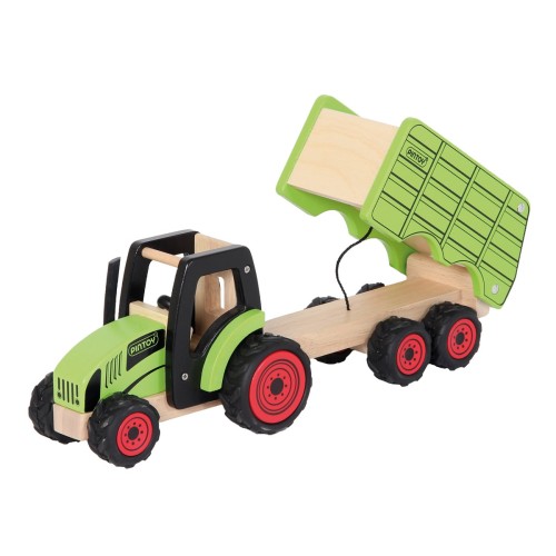 Traktor mit Anhänger aus Holz von PinToy mit grünem Kippanhänger