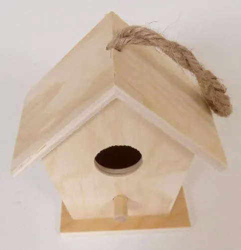 Kleines eckiges Vogelhaus mit Einflugloch und Sitzstange zum bemalen und basteln.