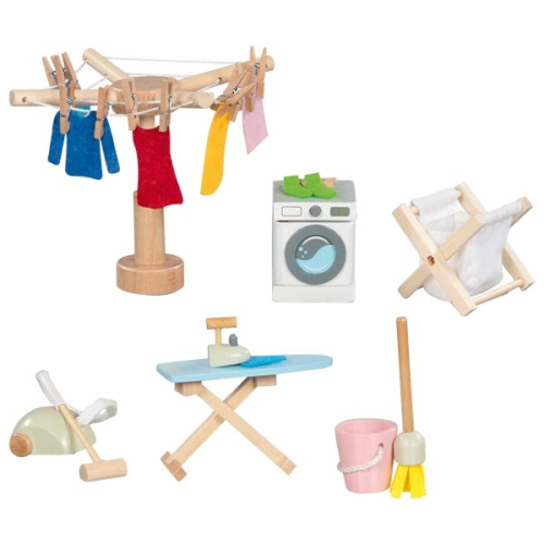 Waschküche Puppenhausmöbel Set 29-teilig aus Holz/Textil | Goki