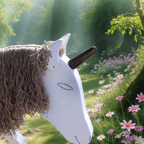 Weißes Einhorn im Fantasieland mit Blumen.