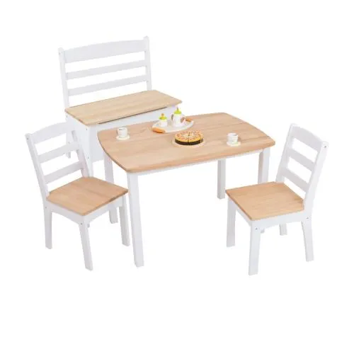 Weiße Spielmöbel für Kinder.Ein Tisch,eine Truhenbank und zwei Stühle.