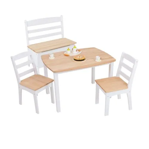 Kinder-Holz-Möbel in Weiß, Tisch mit zwei Stühlen und einer Sitzbank