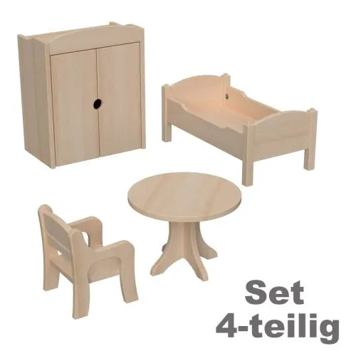 Puppenmöbel Set 4-teilig mit Stuhl, Tisch, Bett, Kleiderschrank