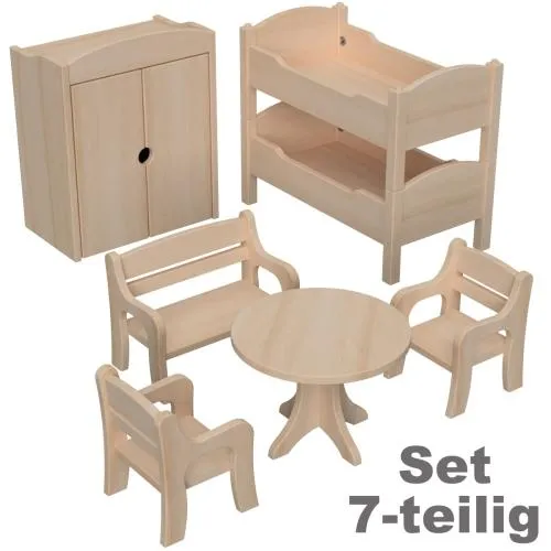 Puppenmöbel Set 7-teilig mit 2 Stühle, Tisch, Bank, Bett mit Dach & Tuch, Kleiderschrank