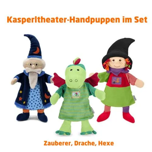 Zauberer, Drache und Hexe im Set | Kaspertheater Figuren | Sterntaler Handpuppen
